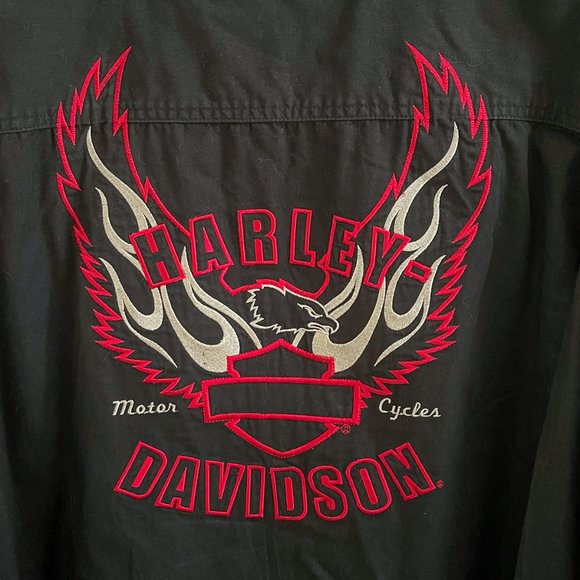 Harley Davidson Work Shirt Mens L Button-Down Long Sleeve Black Red Embroidered - Picture 3 of 11